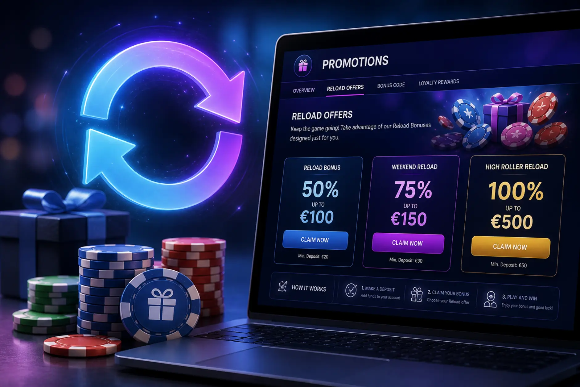 Motyw kasyna online z symbolem reload i ekranem promocji