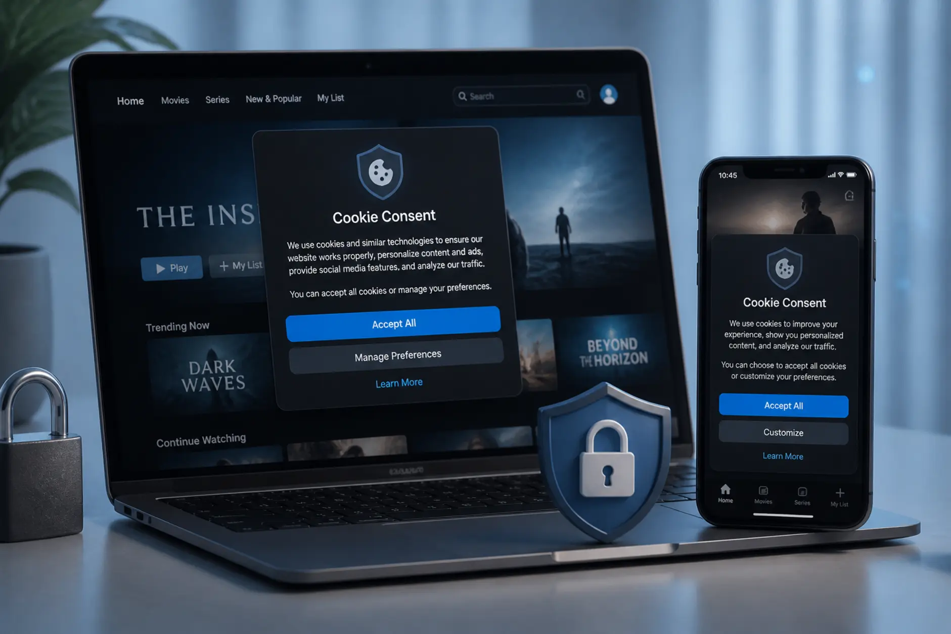 Czym są pliki cookie i prywatność online Ekran laptopa i telefonu z komunikatem o plikach cookie i symbolami prywatności