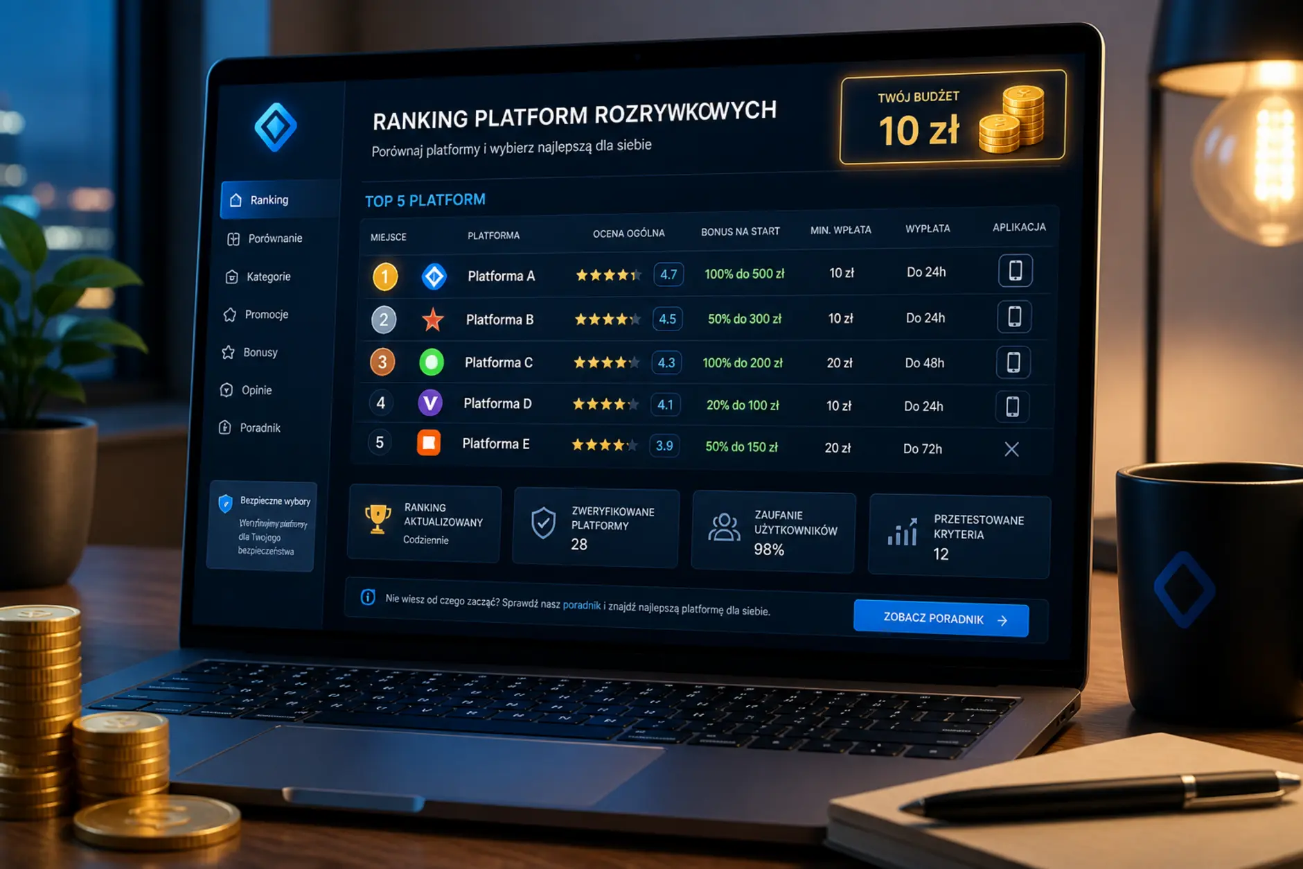 Ranking ofert z minimalną wpłatą 10 zł na ekranie laptopa