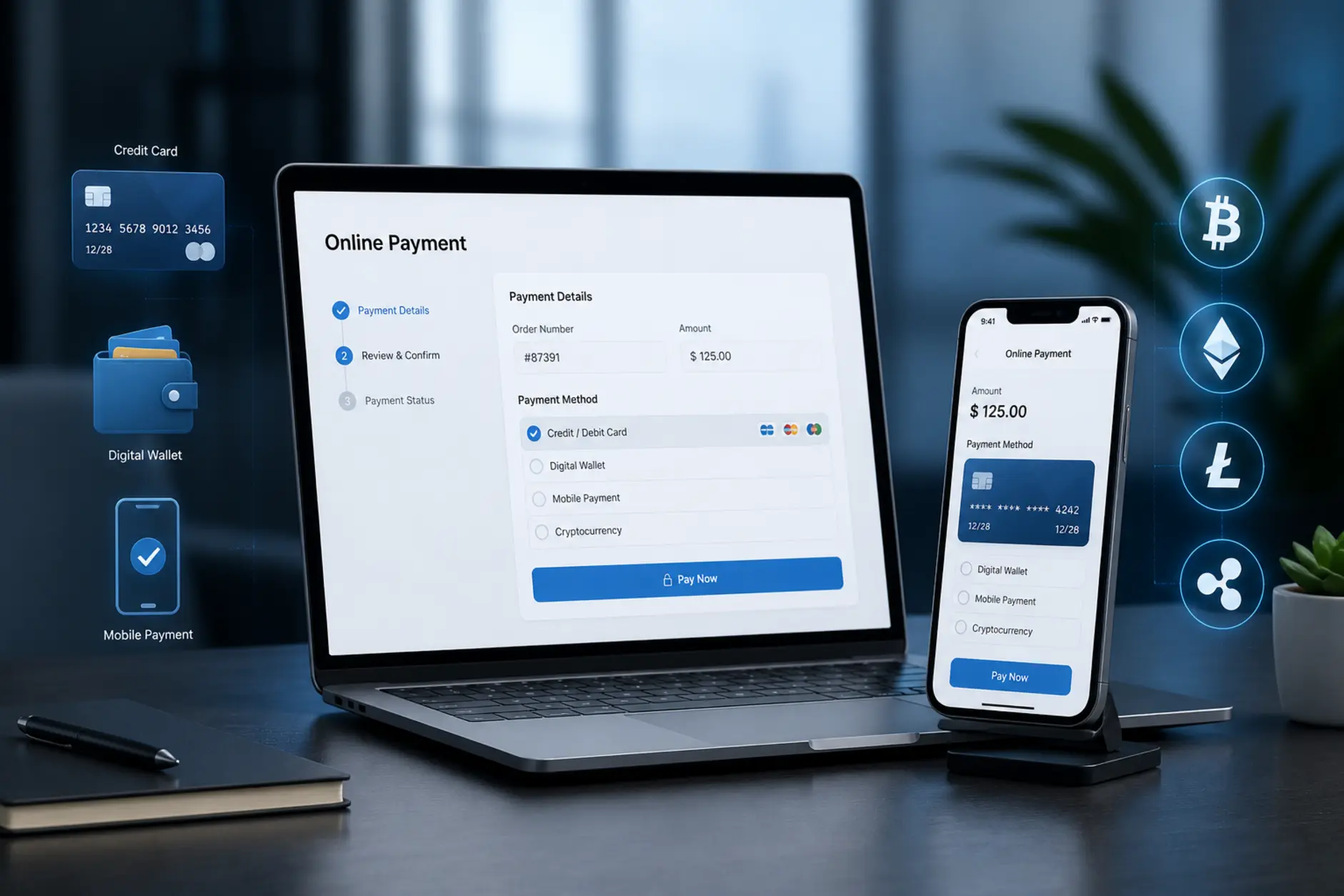 Ogólne płatności online i metody transakcji Laptop i smartfon z ekranem płatności online oraz ikonami metod płatności